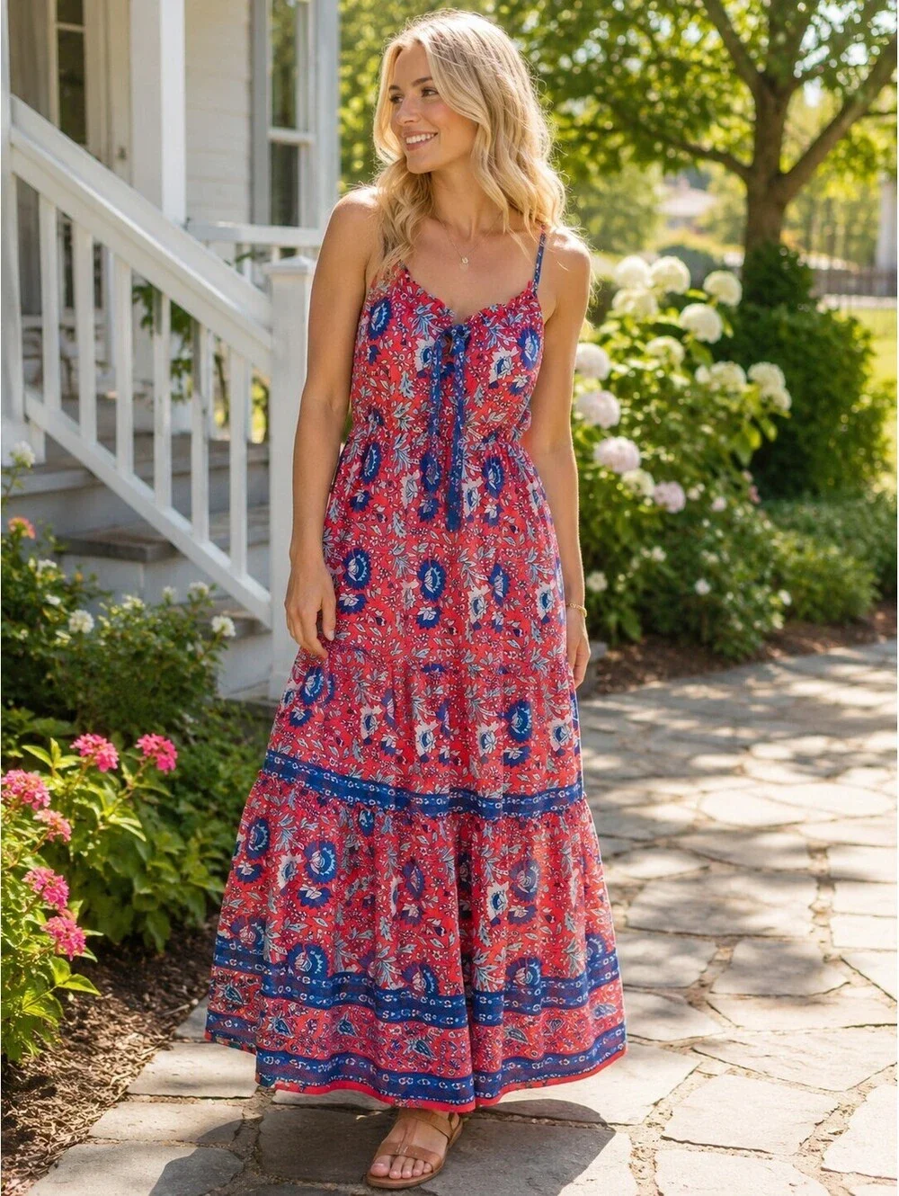 Natural Life Isabella Red Blue Floral Tiered Maxi Dress Sz Med Boho NWOT - Picture 1 of 9